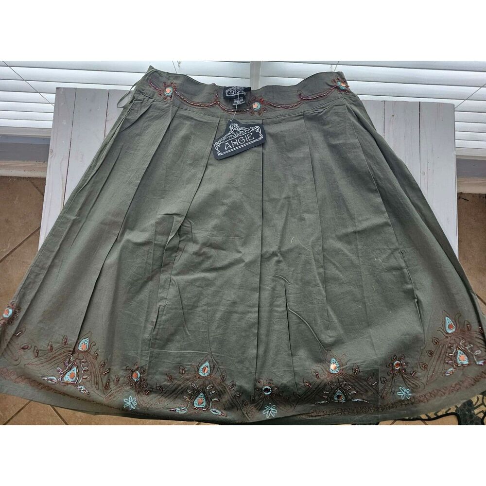 Angie Women’s Small S Olive Cargo Maxi Skirt Beaded Embroidered Boho 100% Cotton
